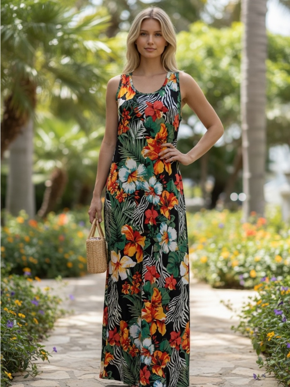Tropical Floral Maxi Dress - Black Multi